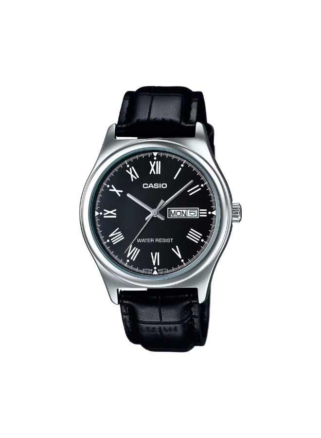 Casio MTP-V006L-1BUDF Men’s Analog Leather Strap Watch – Black Roman Dial, Day-Date, Water Resistant - Image 1