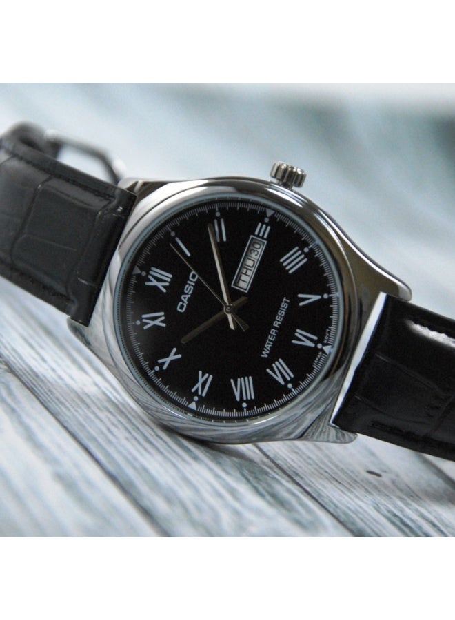 Casio MTP-V006L-1BUDF Men’s Analog Leather Strap Watch – Black Roman Dial, Day-Date, Water Resistant - Image 2