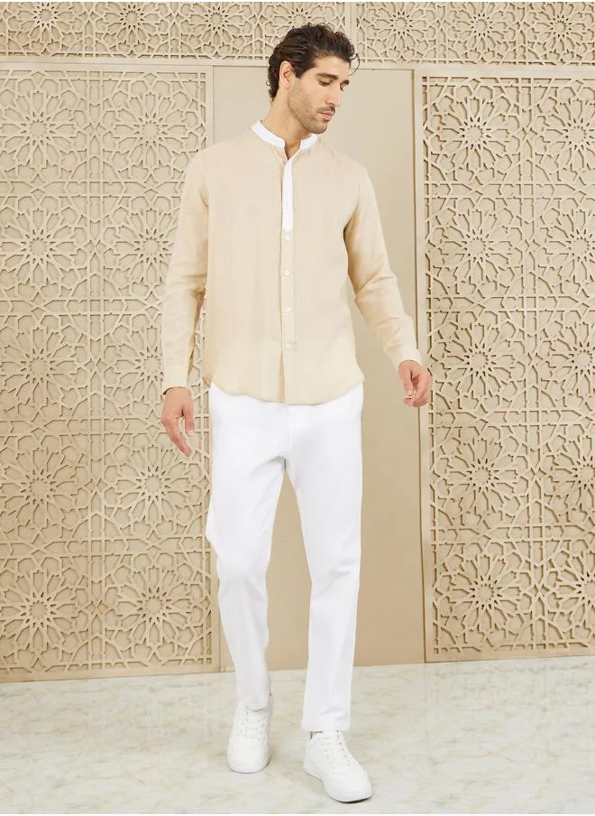 ستايلي Premium Cotton Slub Contrast Mandarin Collar Regular Fit Shirt