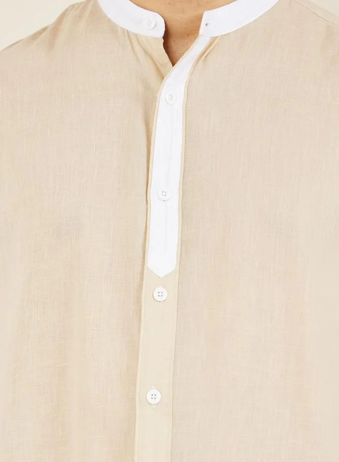 ستايلي Premium Cotton Slub Contrast Mandarin Collar Regular Fit Shirt