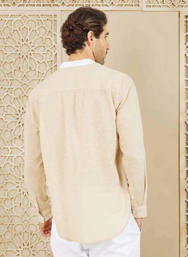 ستايلي Premium Cotton Slub Contrast Mandarin Collar Regular Fit Shirt