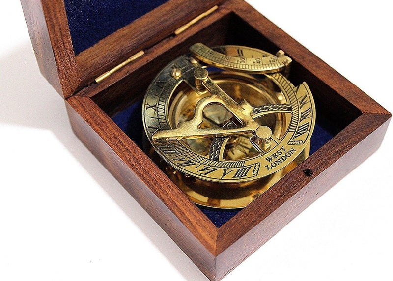 THOR INSTRUMENTS 3" Sundial Compass with Teak Wood Box Inlaid with Solid Brass Rustic Vintage Home Decor Gifts - Image 3