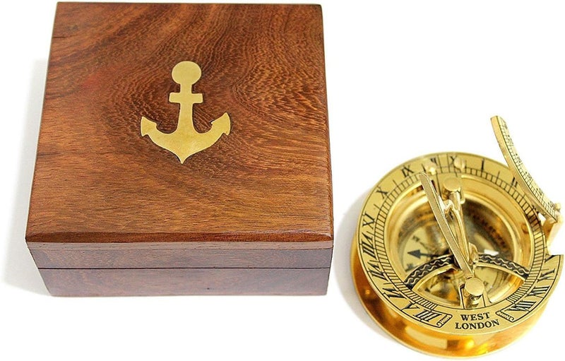 THOR INSTRUMENTS 3" Sundial Compass with Teak Wood Box Inlaid with Solid Brass Rustic Vintage Home Decor Gifts - Image 1