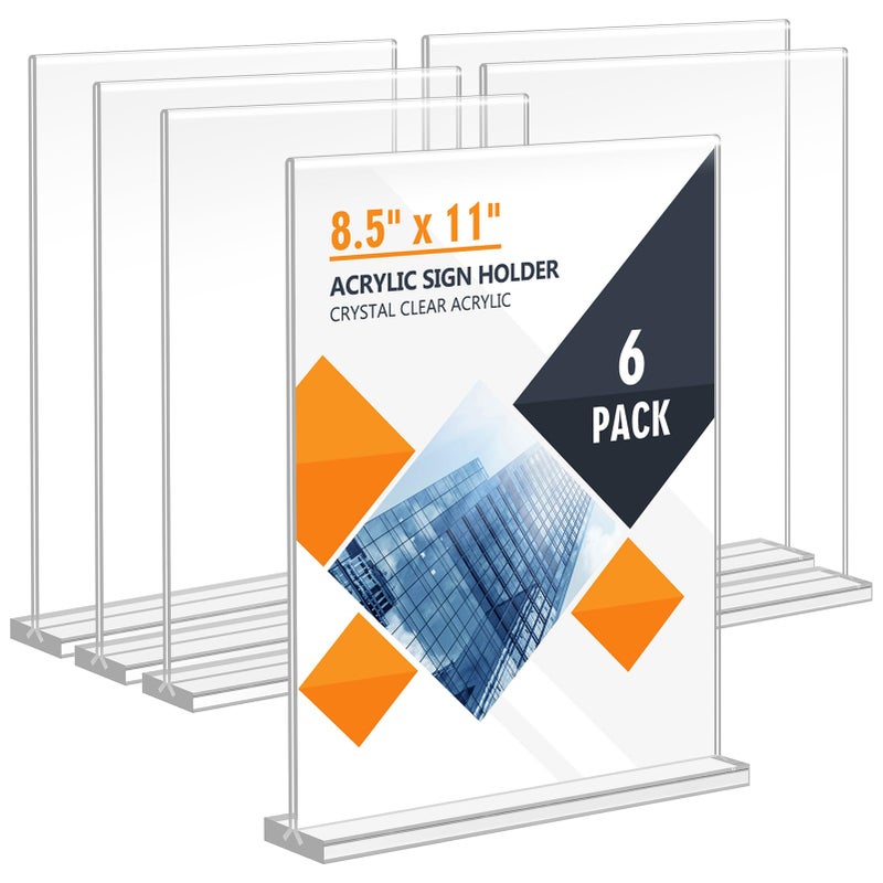 Enayplon Acrylic Sign Holder 8.5 x 11, Double Sided Sign Holder Stand, Plastic 6 Pack Table Paper Stand, Vertical Menu Flyer Stand, T Shape Table Flyer Holder - Image 1