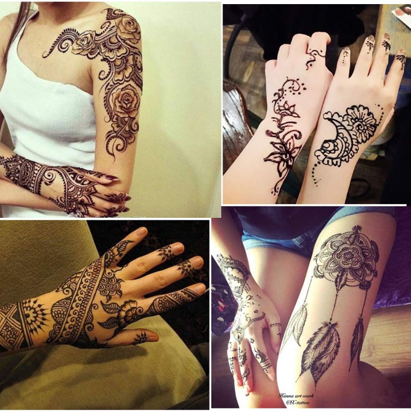 wumawu Temporary Tattoos Kit, 4Pcs Black Tattoo Paste Cones, 100% Natural Ready to Use Black Tattoo Paste, India Body DIY Art Painting for Women Men Teens with 20 Adhesive Stencils, 1 Bottle, 4Nozzles - Image 4