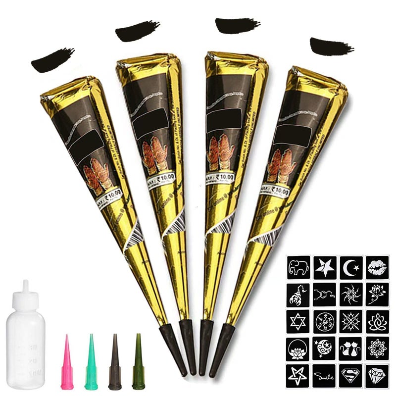 wumawu Temporary Tattoos Kit, 4Pcs Black Tattoo Paste Cones, 100% Natural Ready to Use Black Tattoo Paste, India Body DIY Art Painting for Women Men Teens with 20 Adhesive Stencils, 1 Bottle, 4Nozzles - Image 1