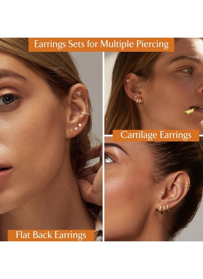 Jstyle - Hypoallergenic Surgical Steel Earrings For Sensitive Ears 14K Gold Flat Back Earrings For Women Men Small Stainless Steel Earrings Flatback Stud Hoop Cartilage Earring Set For Multiple A - Image 1