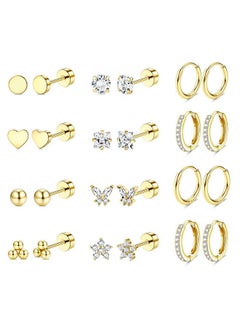 Hypoallergenic Surgical Steel Earrings For Sensitive Ears 14K Gold Flat Back Earrings For Women Men Small Stainless Steel Earrings Flatback Stud Hoop Cartilage Earring Set For Multiple A