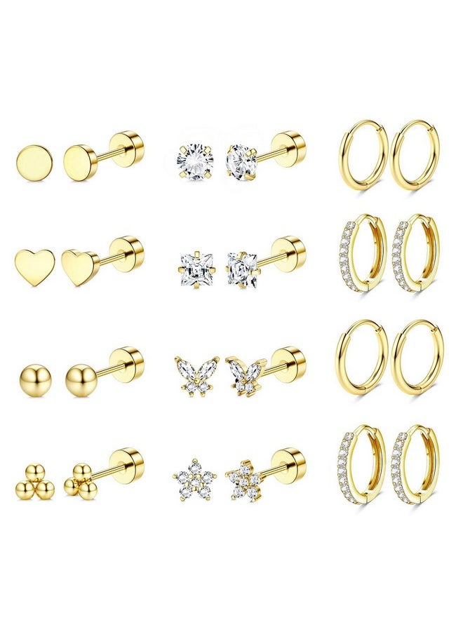 Jstyle - Hypoallergenic Surgical Steel Earrings For Sensitive Ears 14K Gold Flat Back Earrings For Women Men Small Stainless Steel Earrings Flatback Stud Hoop Cartilage Earring Set For Multiple A - Image 1