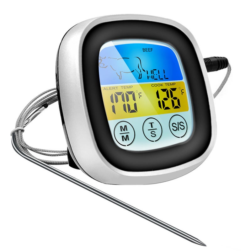 Digital Meat Thermometer: Black Touch Screen Backlight Large LCD Display - Preset Temperature Alarm Stainless Steel Probe for Home Kitchen Food Cooking - Image 1