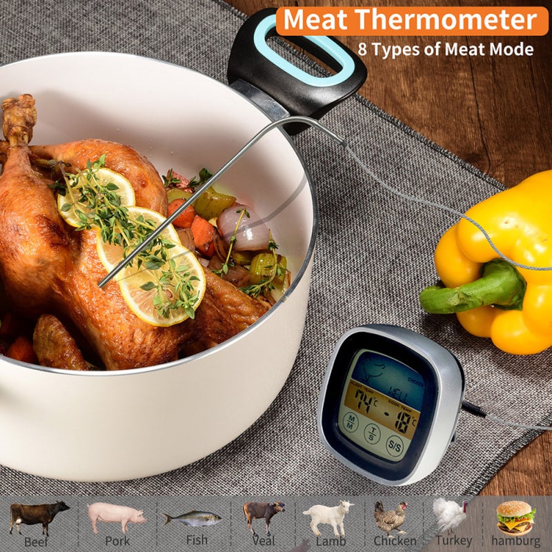 Digital Meat Thermometer: Black Touch Screen Backlight Large LCD Display - Preset Temperature Alarm Stainless Steel Probe for Home Kitchen Food Cooking - Image 3