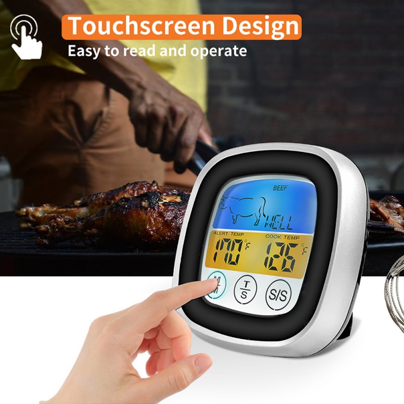 Digital Meat Thermometer: Black Touch Screen Backlight Large LCD Display - Preset Temperature Alarm Stainless Steel Probe for Home Kitchen Food Cooking - Image 4