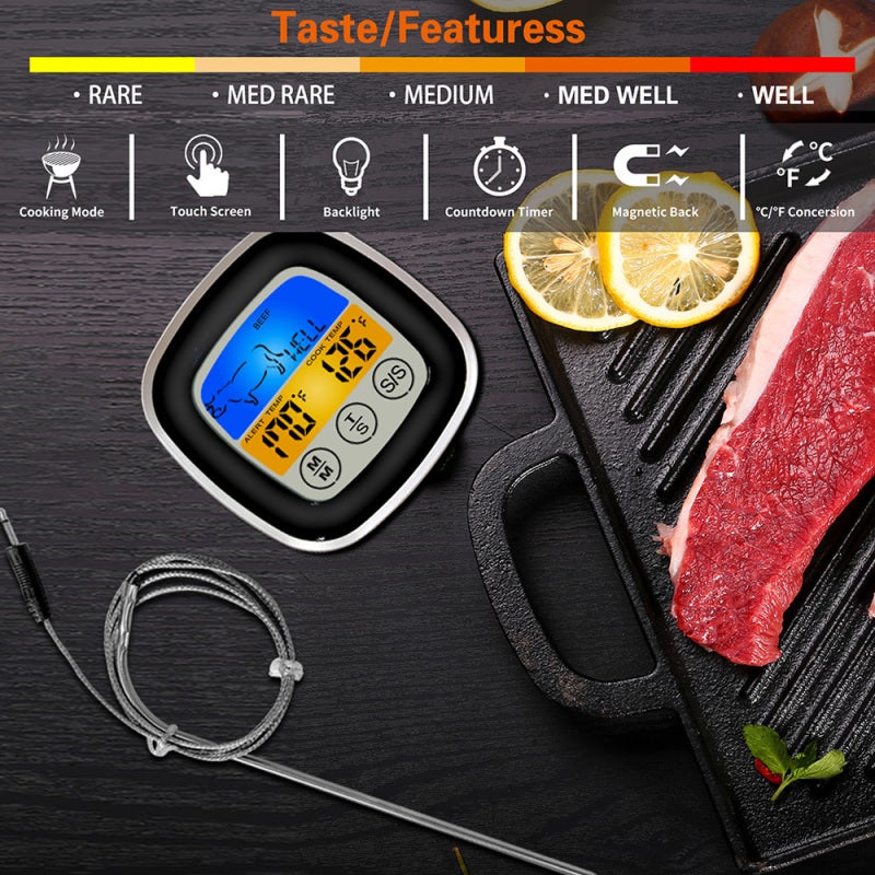 Digital Meat Thermometer: Black Touch Screen Backlight Large LCD Display - Preset Temperature Alarm Stainless Steel Probe for Home Kitchen Food Cooking - Image 5