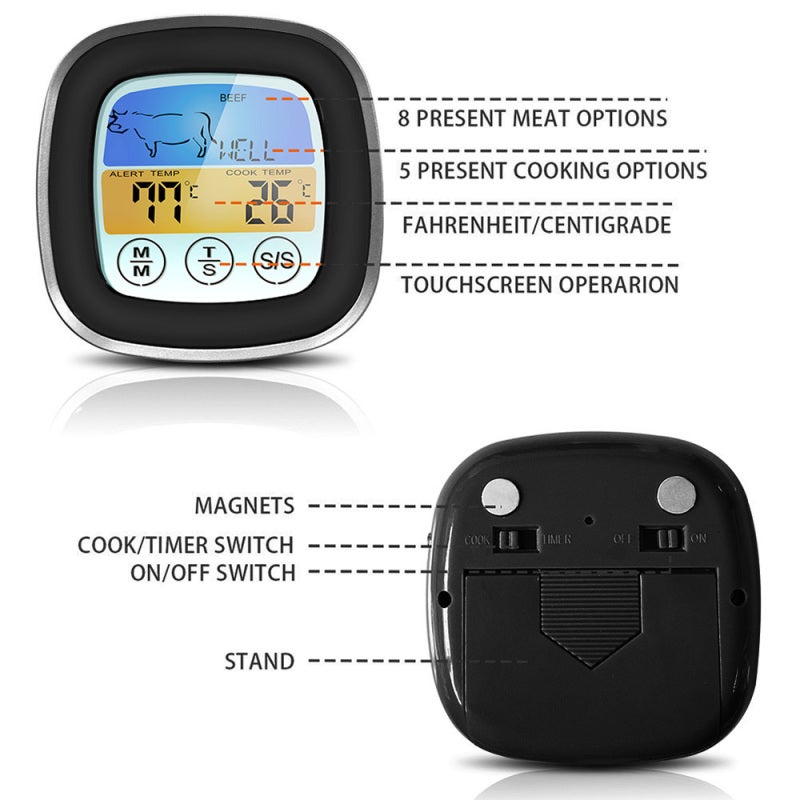 Digital Meat Thermometer: Black Touch Screen Backlight Large LCD Display - Preset Temperature Alarm Stainless Steel Probe for Home Kitchen Food Cooking - Image 2