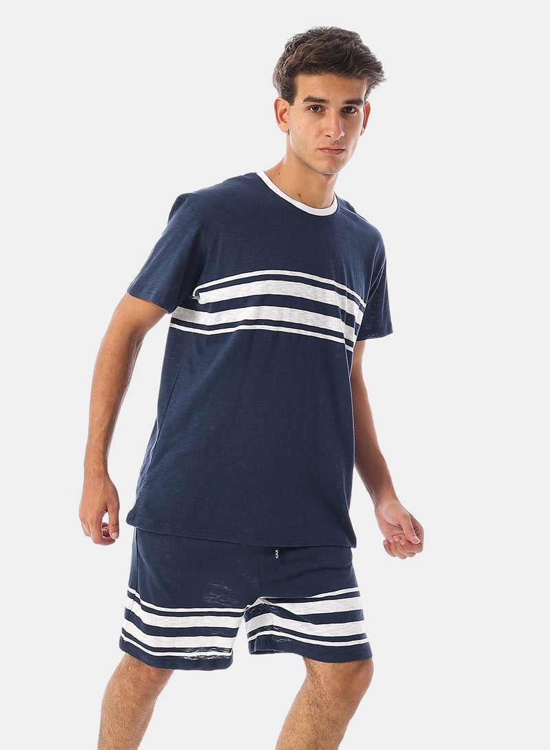 Andora Short Sleeves Cotton Pajama - Navy Blue & White - Image 3