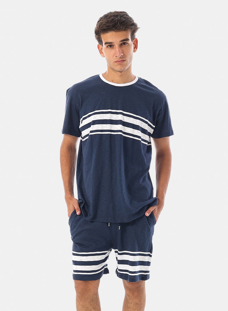 Andora Short Sleeves Cotton Pajama - Navy Blue & White - Image 1