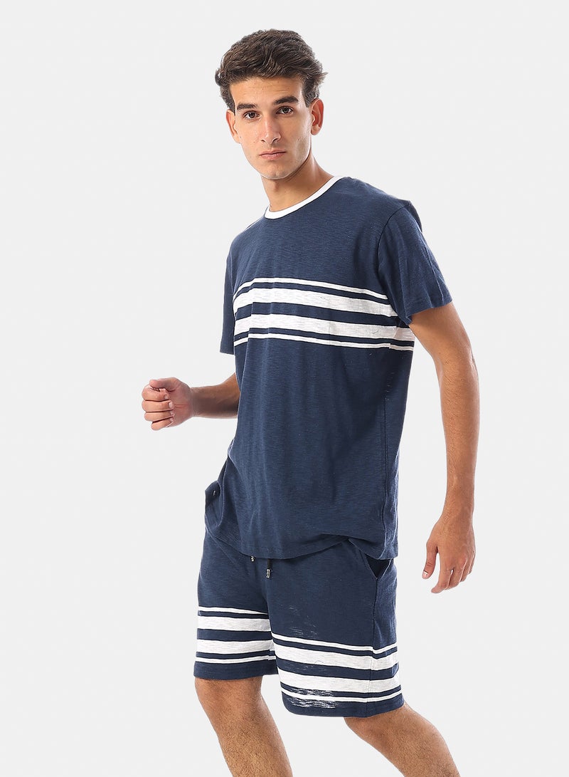 Andora Short Sleeves Cotton Pajama - Navy Blue & White - Image 2