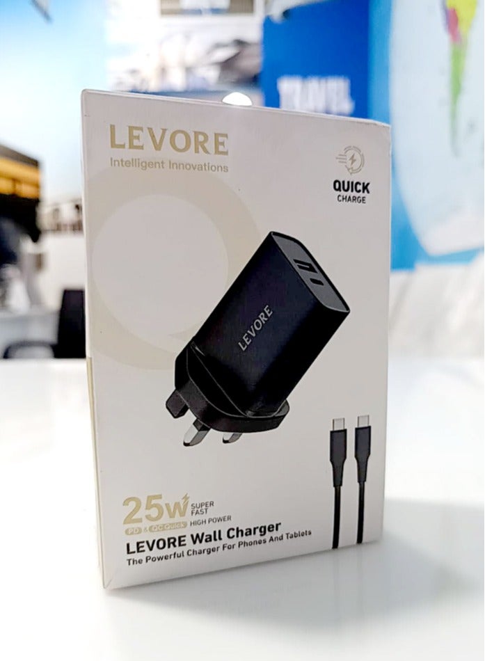 ليفور شاحن حائط ليفور ٢٥ واط، مع كابل من النوع C إلى Type-C، لأجهزة iPhone والأجهزة اللوحية، شحن سريع، أسود | LGW123C-BK - Image 4