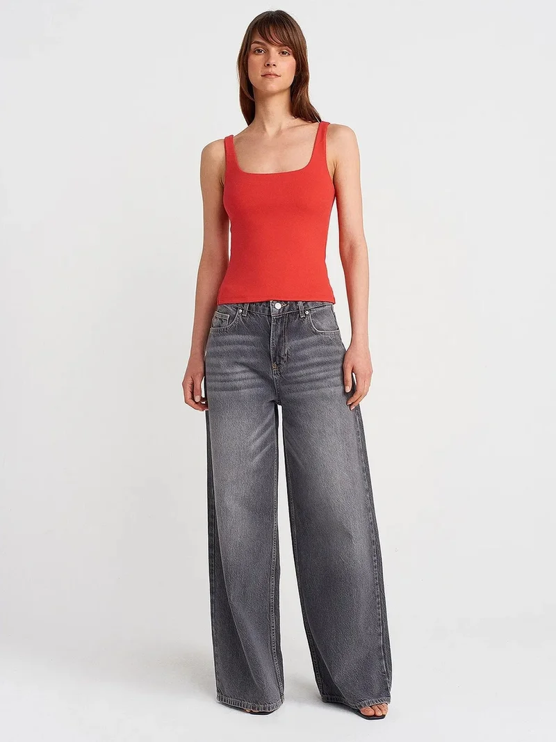 Dilvin DILVIN Ribbed Square-neck Sleeveless Blouse