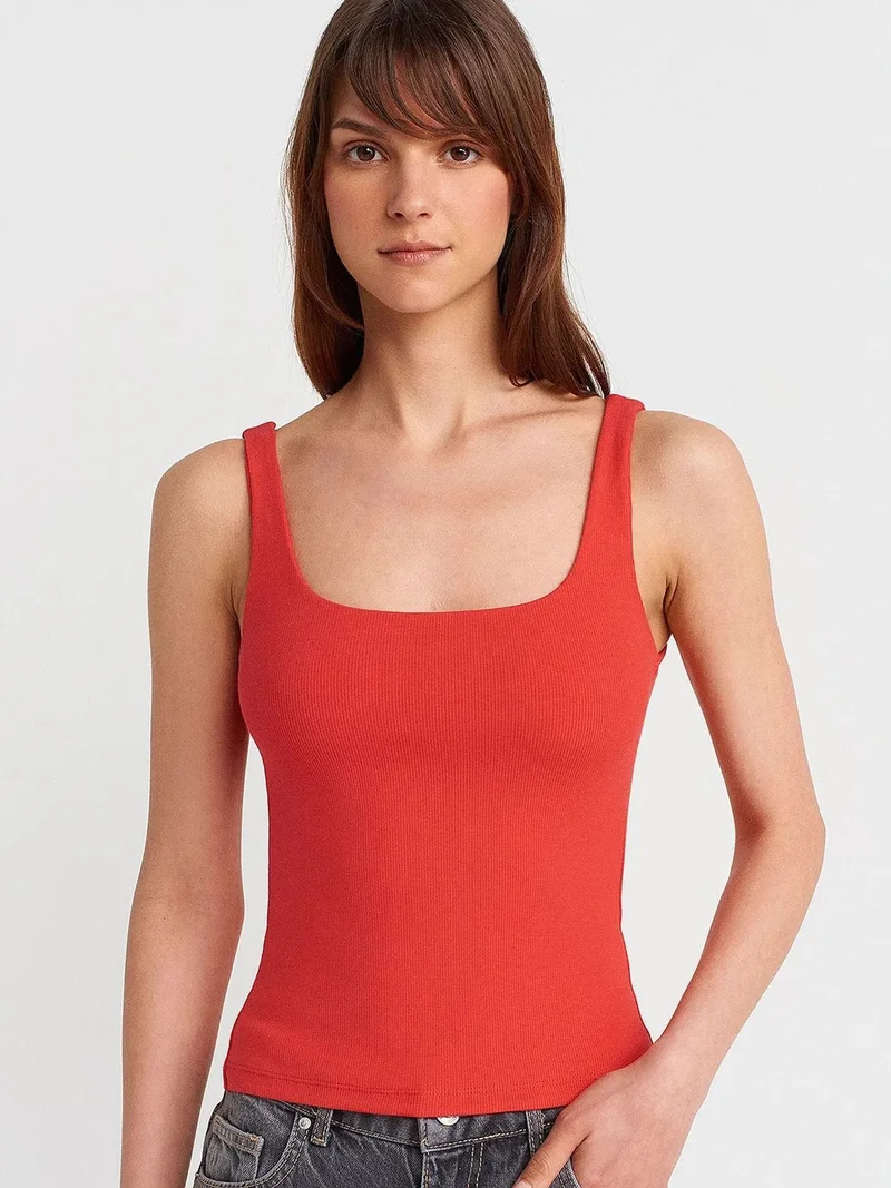 Dilvin DILVIN Ribbed Square-neck Sleeveless Blouse
