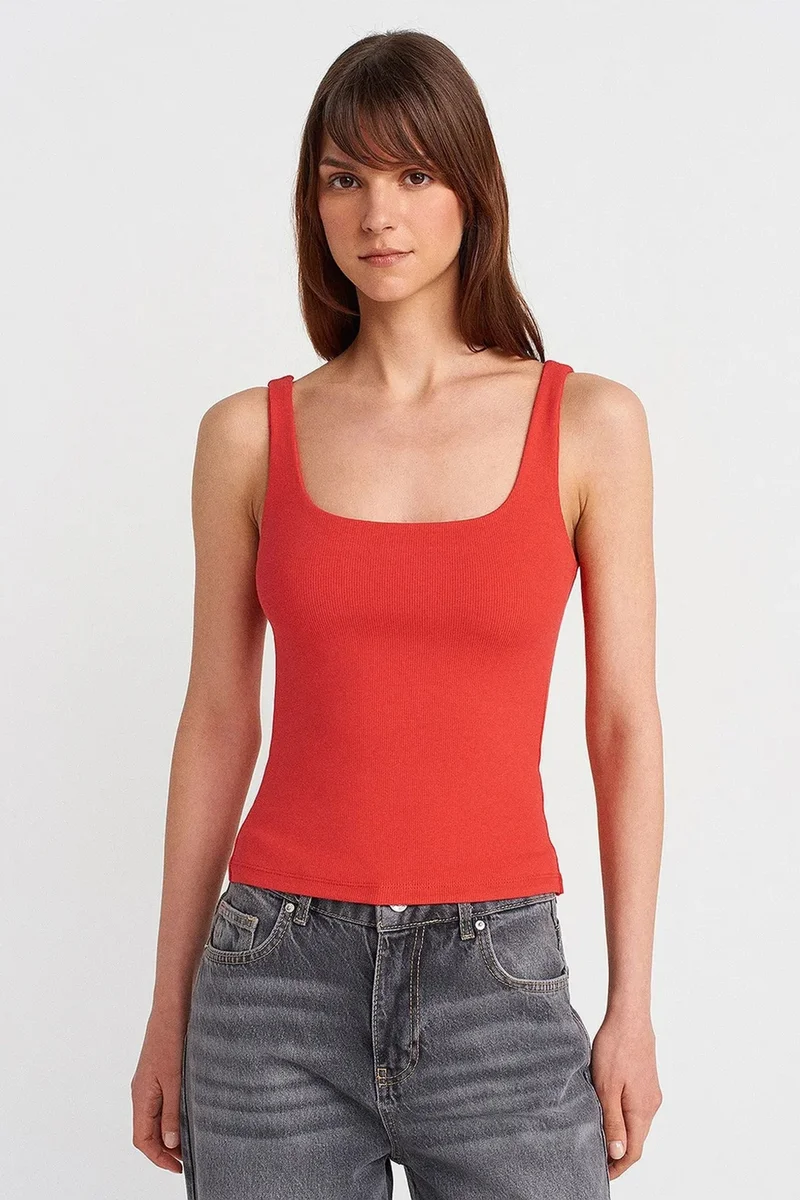 Dilvin Red DILVIN Ribbed Square-neck Sleeveless Blouse for Women | Best Price UAE