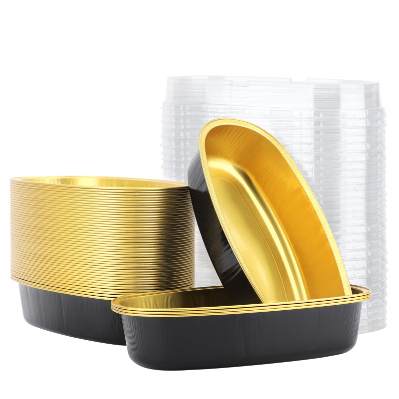 أواني خبز بيزيا ميني مع أغطية 6 بوصة 50 عبوة صينية كعكة بيضاوية سوداء ذهبية أكواب خبز قابلة للتصرف صينية تشيز كيك مصنوعة من الألمنيوم لأواني اللحم للخبز في الفرن