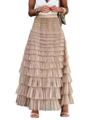 Flygo Women's Long Maxi Tulle Skirts A Line Ruffle High Waisted Tiered Layered Mesh Tutu Skirt Petticoat(Champagne-XL) - Image 1