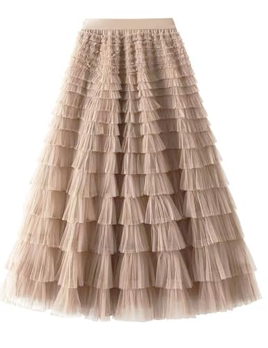 Flygo Women's Long Maxi Tulle Skirts A Line Ruffle High Waisted Tiered Layered Mesh Tutu Skirt Petticoat(Champagne-XL) - Image 2