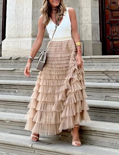 Flygo Women's Long Maxi Tulle Skirts A Line Ruffle High Waisted Tiered Layered Mesh Tutu Skirt Petticoat(Champagne-XL) - Image 5