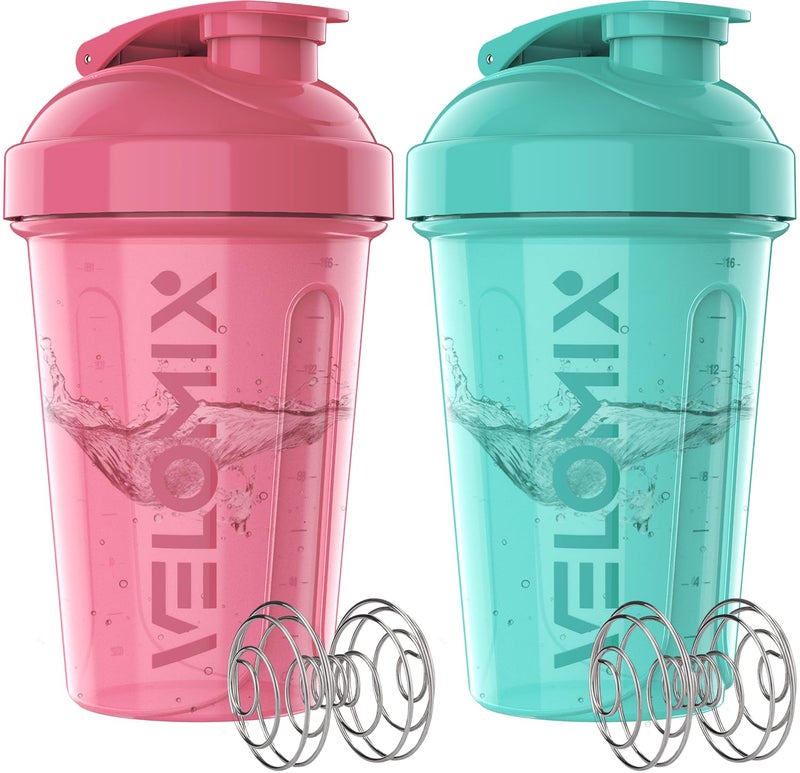 VELOMIX 2 Pack 20 oz Protein Shaker Bottles for Protein Mixes 2x Wire Whisk Leak Proof Shaker Cups for Protein Shakes and Pre Workout Protein Shaker Bottle Pack PinkTurquoise