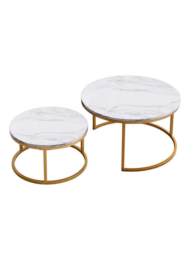 DubaiGallery طقم طاولات قهوة من 2، طاولة قهوة دائرية، طاولة جانبية للأريكة، طاولة قهوة بجانب السرير مع قاعدة معدنية، غرفة النوم، المكتب المنزلي - Image 2