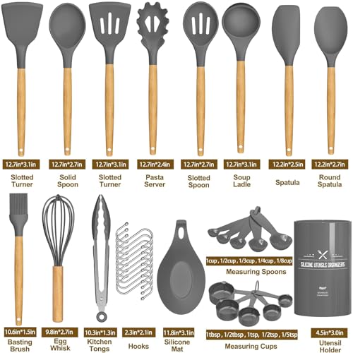 Umite Chef Kitchen Cooking Utensils Set, 33 pcs Non-stick Silicone Utensils Spatula Set with Holder, Wooden Handle Heat Resistant Silicone Kitchen Gadgets Utensil Set (Gray) - Image 5
