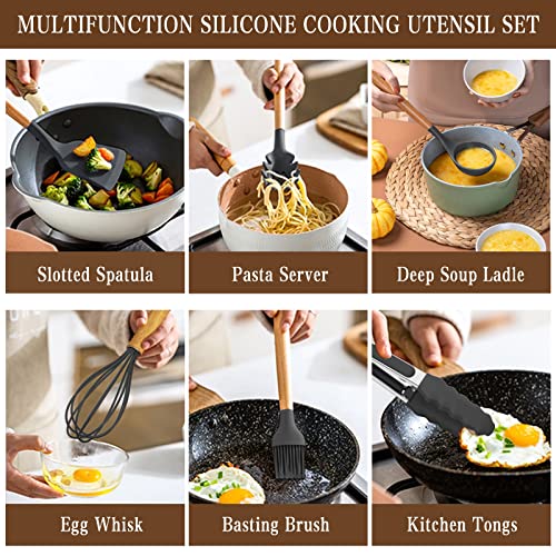 Umite Chef Kitchen Cooking Utensils Set, 33 pcs Non-stick Silicone Utensils Spatula Set with Holder, Wooden Handle Heat Resistant Silicone Kitchen Gadgets Utensil Set (Gray) - Image 3