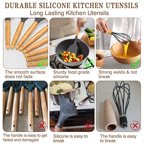 Umite Chef Kitchen Cooking Utensils Set, 33 pcs Non-stick Silicone Utensils Spatula Set with Holder, Wooden Handle Heat Resistant Silicone Kitchen Gadgets Utensil Set (Gray) - Image 4