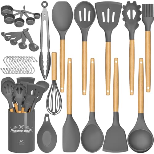 Umite Chef Kitchen Cooking Utensils Set, 33 pcs Non-stick Silicone Utensils Spatula Set with Holder, Wooden Handle Heat Resistant Silicone Kitchen Gadgets Utensil Set (Gray) - Image 1