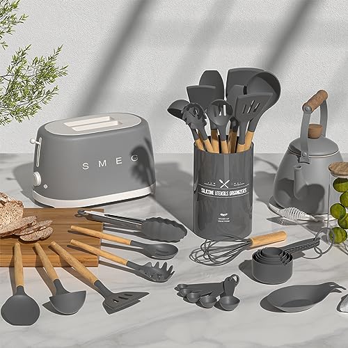 Umite Chef Kitchen Cooking Utensils Set, 33 pcs Non-stick Silicone Utensils Spatula Set with Holder, Wooden Handle Heat Resistant Silicone Kitchen Gadgets Utensil Set (Gray) - Image 2
