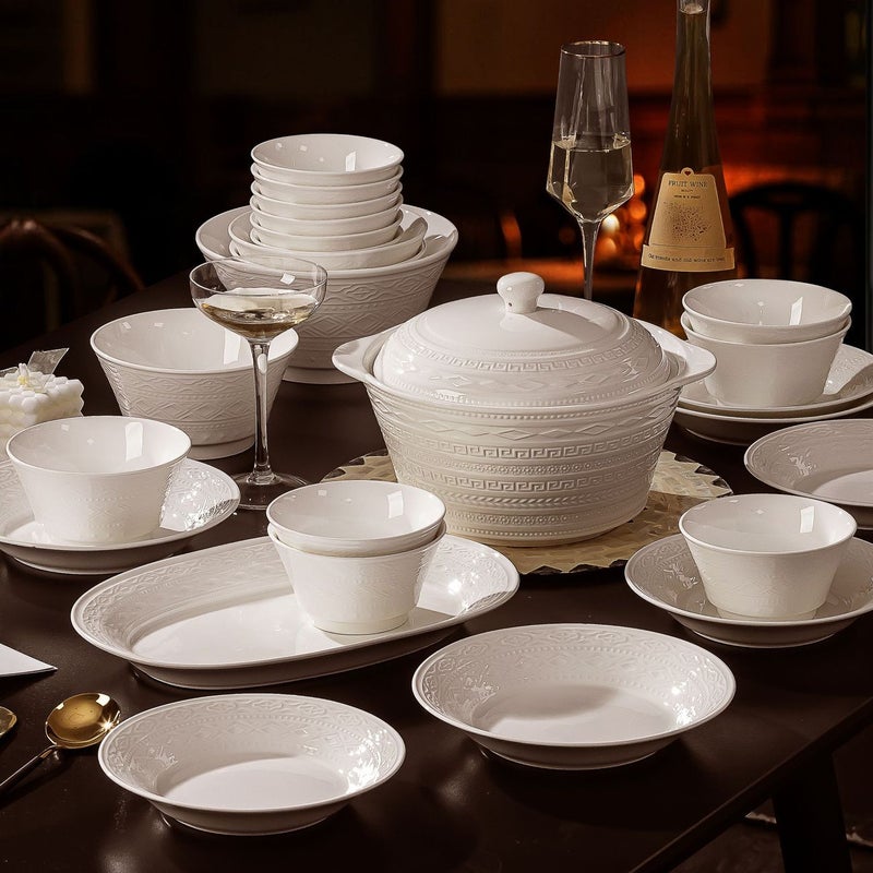 CME White Porcelain Bowls and Plates for Home Use, 2026 New Embossed Auspicious Clouds Dinnerware Set, Ceramic Tableware with Bowls, Plates, and Soup Pots, Perfect for Housewarming Gifts - Image 3