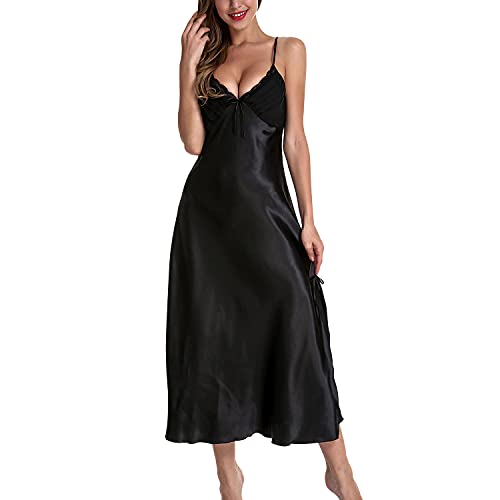 Lu's Chic Women's Satin Nightgown Dress Silk Lace Sleeveless Long Chemise Lingerie Sleepwear Black US L (Tag3XL) - Image 1