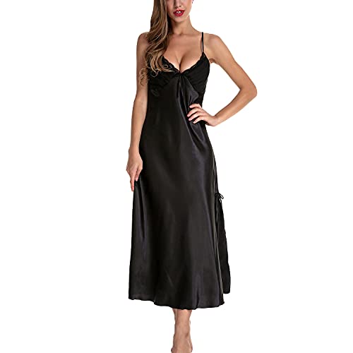 Lu's Chic Women's Satin Nightgown Dress Silk Lace Sleeveless Long Chemise Lingerie Sleepwear Black US L (Tag3XL) - Image 2