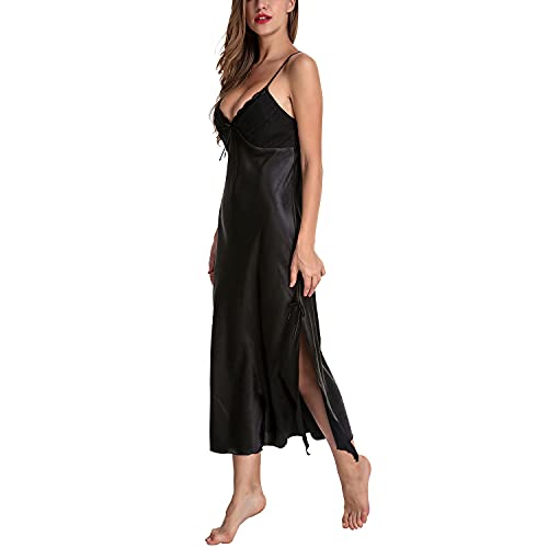 Lu's Chic Women's Satin Nightgown Dress Silk Lace Sleeveless Long Chemise Lingerie Sleepwear Black US L (Tag3XL) - Image 5