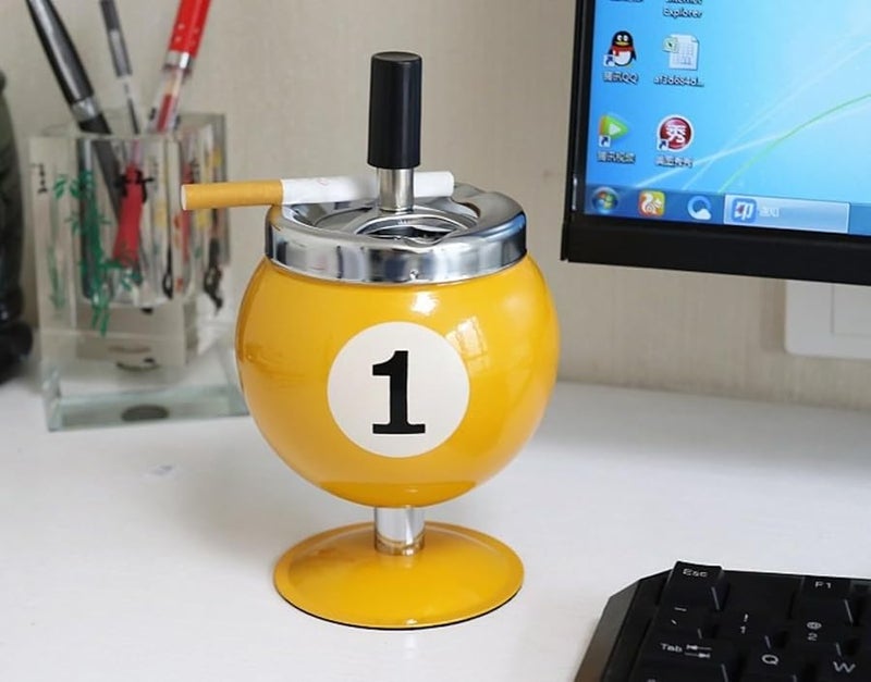 Yellow Metal Billiard Shaped Ashtray With Lid To Prevent Flying Ash - Image 3