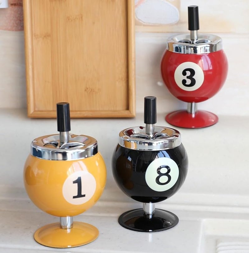 Yellow Metal Billiard Shaped Ashtray With Lid To Prevent Flying Ash - Image 4