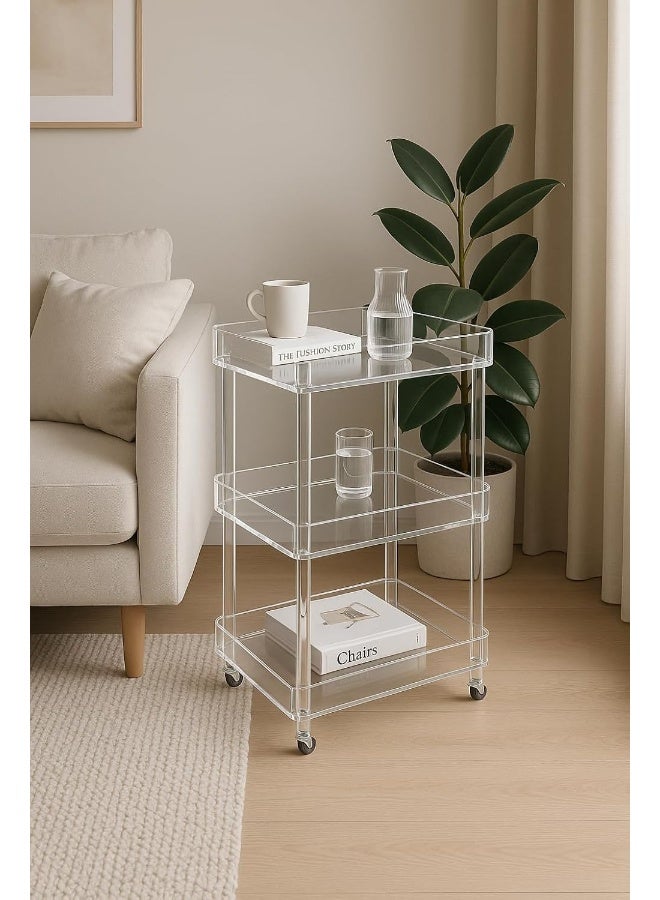 Horoof Home® Modern Clear Acrylic End Table – 3-Tier Rolling Shelf Cart - Image 3