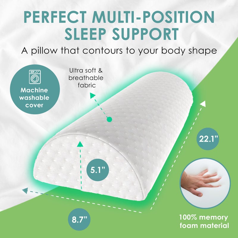 Cushy Form Bolster Pillow for Lumbar and Leg Support - 22.1 x 8.7 x 5.1 Inches Half Moon Memory Foam Cushion for Stomach, Back & Side Sleepers - Roll Pillows for Back and Neck w/Washable Cover - Image 2