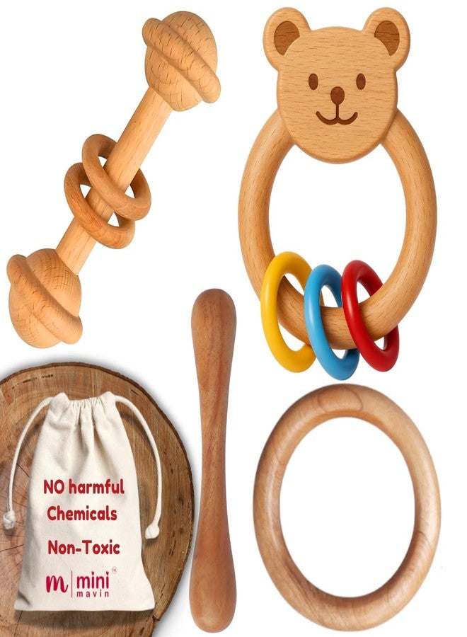 MINI MAVIN Minimavin Neem Wood Teether for Babies (0-12 Months) - Natural Wooden Teething Toy & Rattle | BPA Free Gum Relief & Easy Grip | Safe Baby Toys for Infants 3-6 to 6-12 Months (2Rattle+Ring+Dumbell) - Image 1