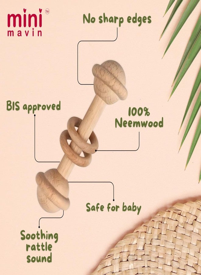 MINI MAVIN Minimavin Neem Wood Teether for Babies (0-12 Months) - Natural Wooden Teething Toy & Rattle | BPA Free Gum Relief & Easy Grip | Safe Baby Toys for Infants 3-6 to 6-12 Months (2Rattle+Ring+Dumbell) - Image 2