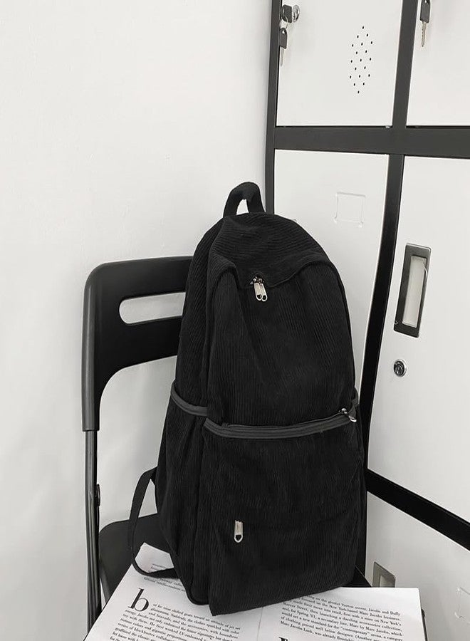 Lamprod Aesthetic Backpack Cute Backpack Corduroy Backpack School Supplies Laptop Bag for Teens Girls Women Students Solid Color(Black) - Image 2