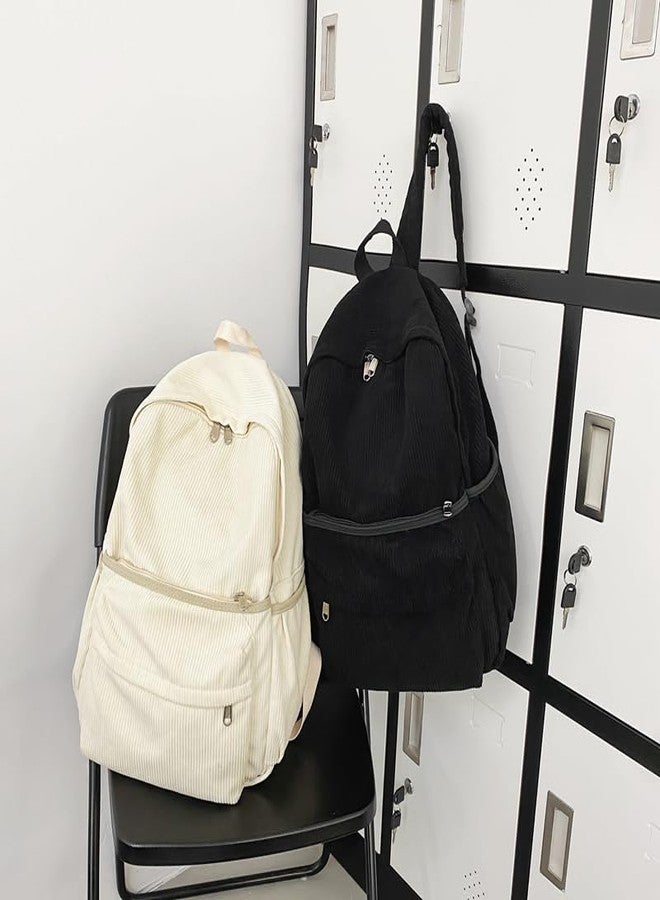 Lamprod Aesthetic Backpack Cute Backpack Corduroy Backpack School Supplies Laptop Bag for Teens Girls Women Students Solid Color(Black) - Image 4