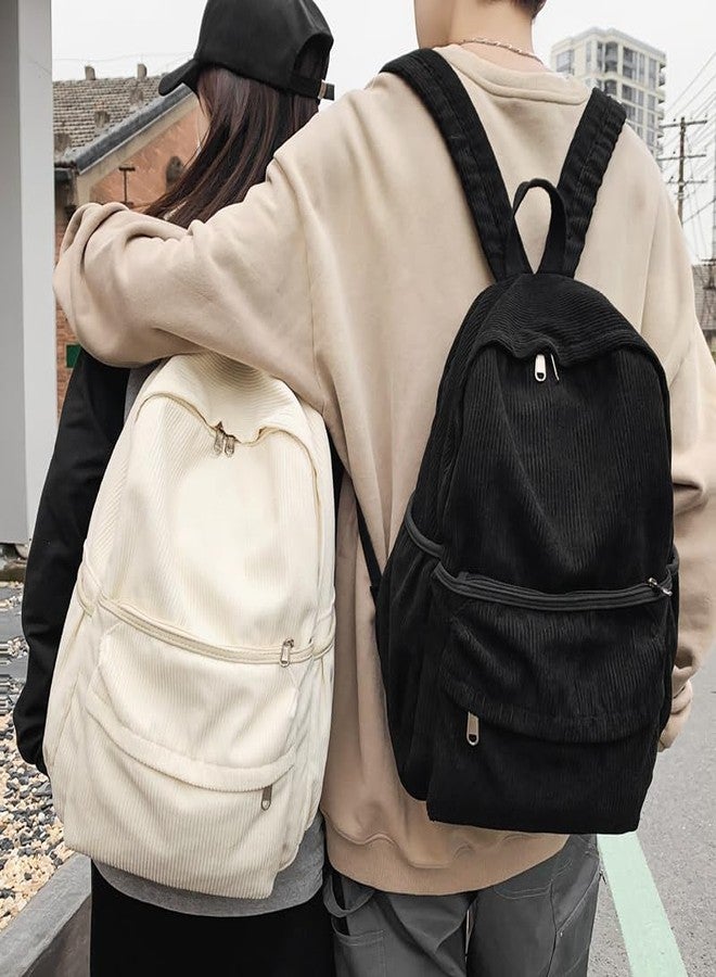 Lamprod Aesthetic Backpack Cute Backpack Corduroy Backpack School Supplies Laptop Bag for Teens Girls Women Students Solid Color(Black) - Image 3