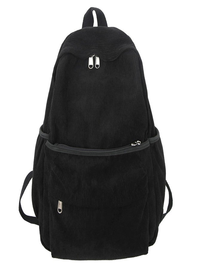 Lamprod Aesthetic Backpack Cute Backpack Corduroy Backpack School Supplies Laptop Bag for Teens Girls Women Students Solid Color(Black) - Image 1